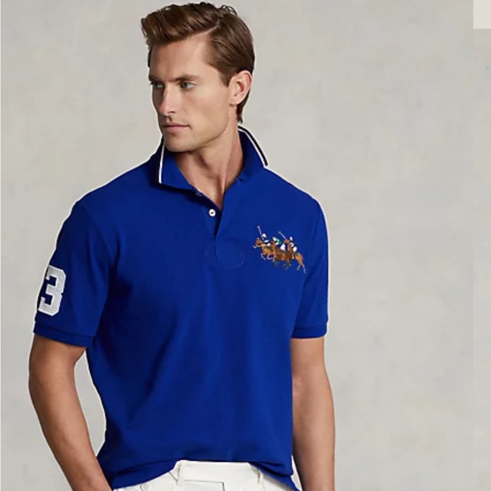 Polo Ralph Lauren Men's Custom Slim Fit Triple Pony Polo Shirt Blue Size L,XXL T